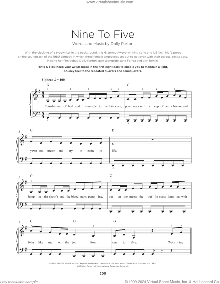 Nine To Five sheet music for piano solo by Dolly Parton, beginner skill level