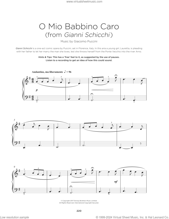 O Mio Babbino Caro, (beginner) sheet music for piano solo by Giacomo Puccini, classical score, beginner skill level