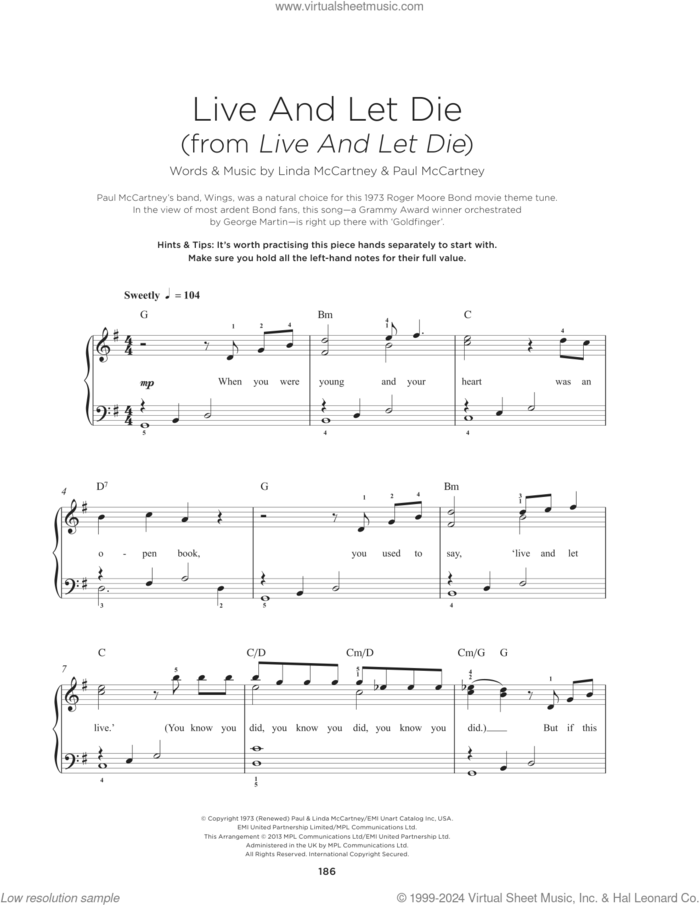 Live And Let Die, (beginner) sheet music for piano solo by Wings, Linda McCartney and Paul McCartney, beginner skill level