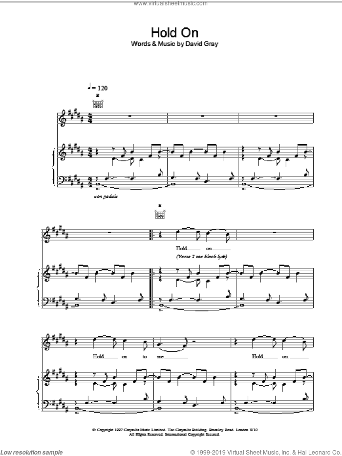 Hold On sheet music for voice, piano or guitar by David Gray, intermediate skill level