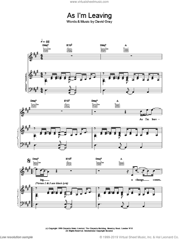 As I'm Leaving sheet music for voice, piano or guitar by David Gray, intermediate skill level