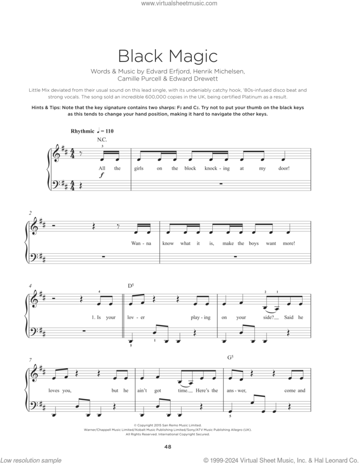 Black Magic, (beginner) sheet music for piano solo by Little Mix, Camille Purcell, Ed Drewett, Edvard Erfjord and Henrik Michelsen, beginner skill level