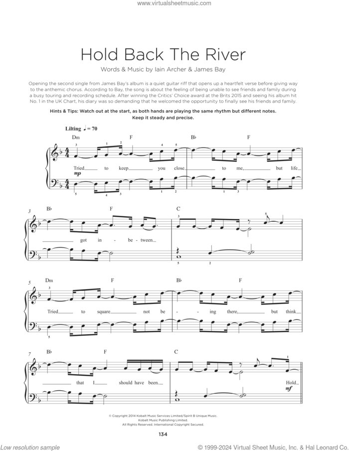 Hold Back The River sheet music for piano solo by James Bay and Iain Archer, beginner skill level