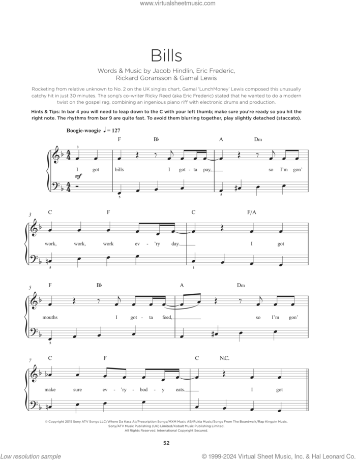 Bills sheet music for piano solo by Lunchmoney Lewis, Eric Frederic, Gamal Lewis, Jacob Hindlin and Rickard Goransson, beginner skill level