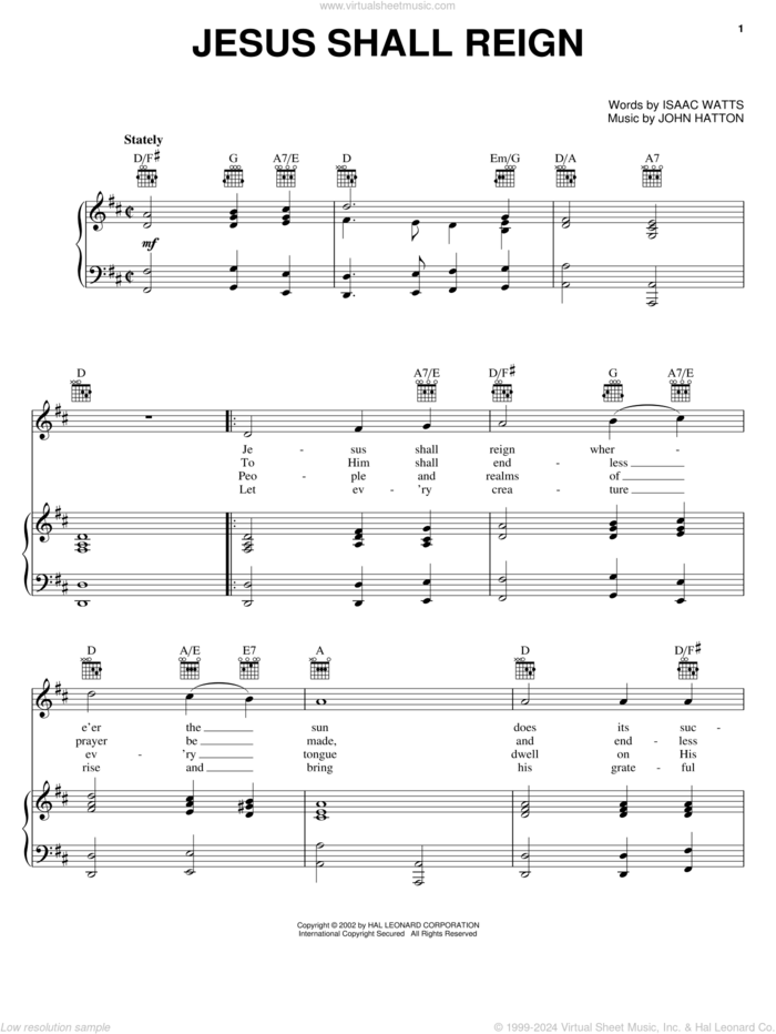 Jesus Shall Reign (Where'er The Sun) sheet music for voice, piano or guitar by Isaac Watts and John Hatton, intermediate skill level