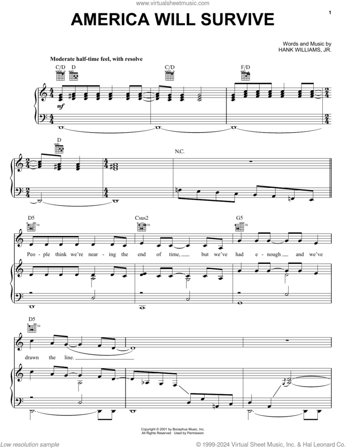 America Will Survive sheet music for voice, piano or guitar by Hank Williams, Jr., intermediate skill level