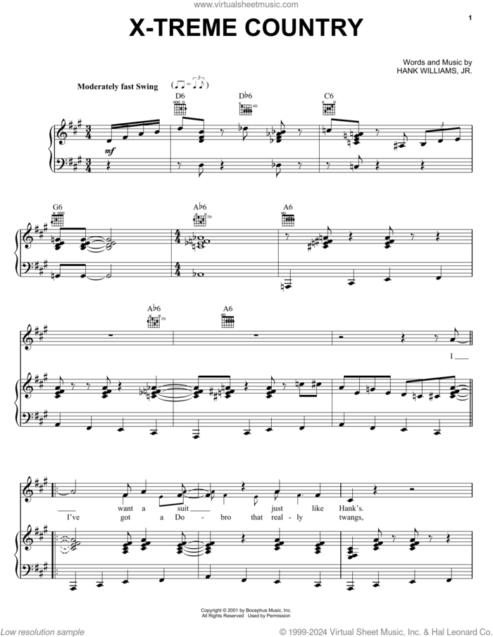 X-Treme Country sheet music for voice, piano or guitar by Hank Williams, Jr., intermediate skill level