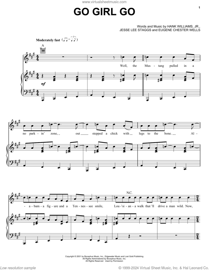 Go Girl Go sheet music for voice, piano or guitar by Hank Williams, Jr., Eugene Chester Wells and Jesse Lee Staggs, intermediate skill level