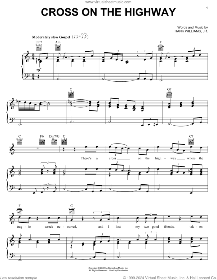 Cross On The Highway sheet music for voice, piano or guitar by Hank Williams, Jr., intermediate skill level
