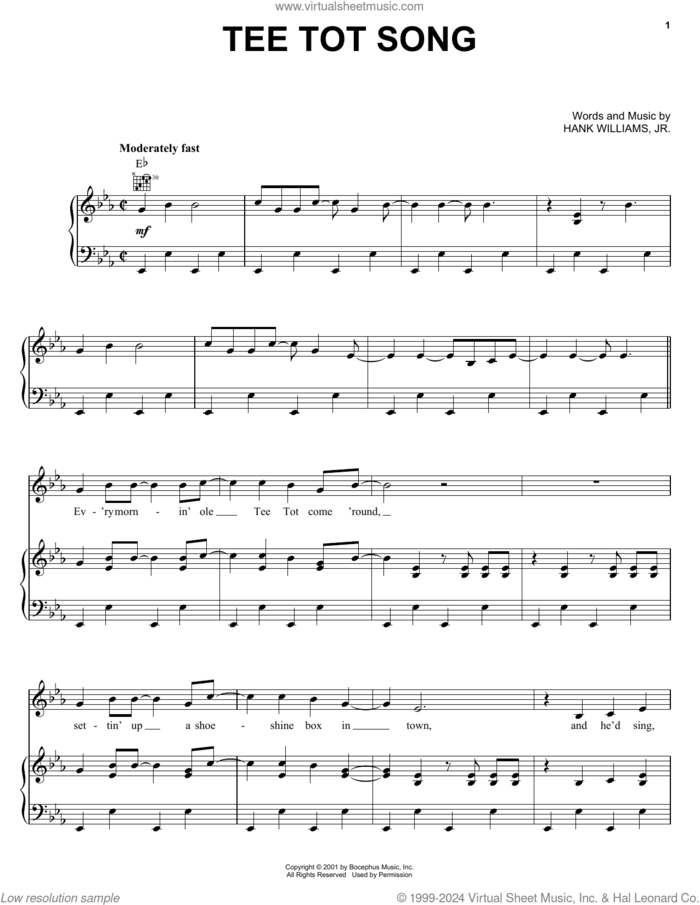 Tee Tot Song sheet music for voice, piano or guitar by Hank Williams, Jr., intermediate skill level