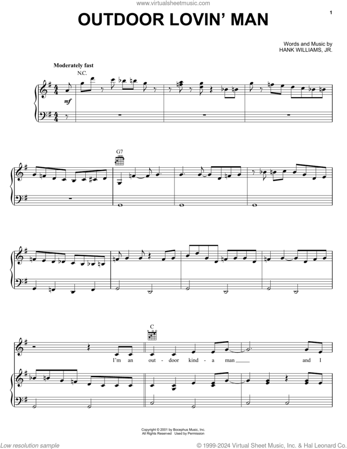 Outdoor Lovin' Man sheet music for voice, piano or guitar by Hank Williams, Jr., intermediate skill level