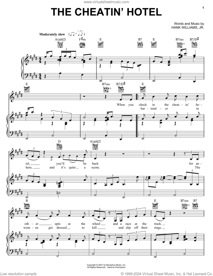 The Cheatin' Hotel sheet music for voice, piano or guitar by Hank Williams, Jr., intermediate skill level