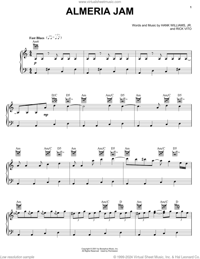 Almeria Jam sheet music for voice, piano or guitar by Hank Williams, Jr. and Rick Vito, intermediate skill level
