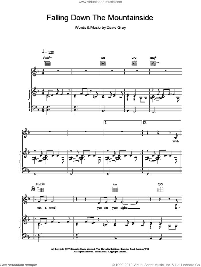 Falling Down The Mountainside sheet music for voice, piano or guitar by David Gray, intermediate skill level