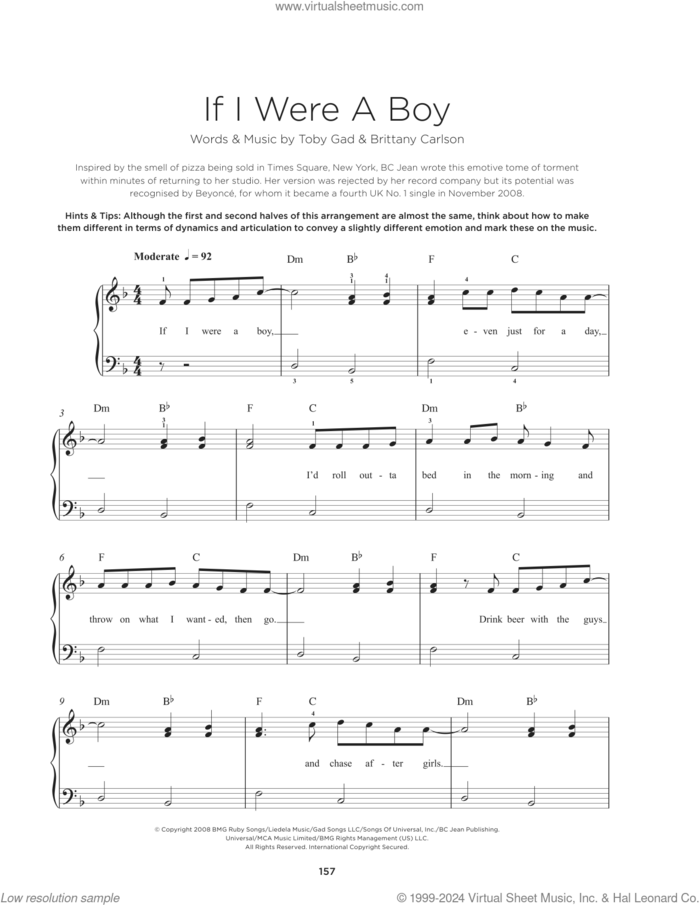 If I Were A Boy, (beginner) sheet music for piano solo by Beyonce, Brittany Carlson and Toby Gad, beginner skill level
