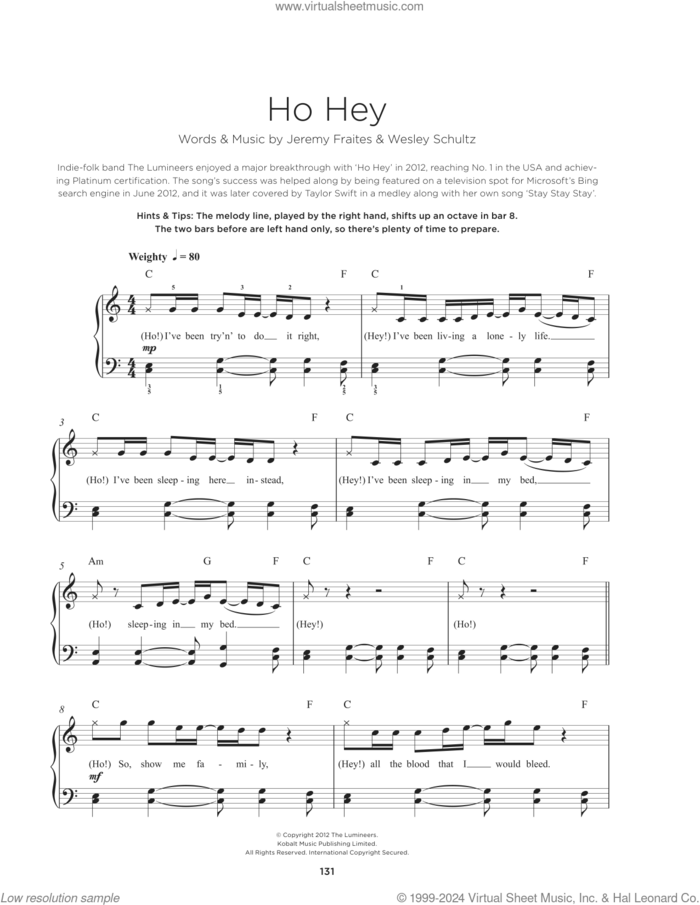 Ho Hey sheet music for piano solo by The Lumineers, Jeremy Fraites and Wesley Schultz, beginner skill level