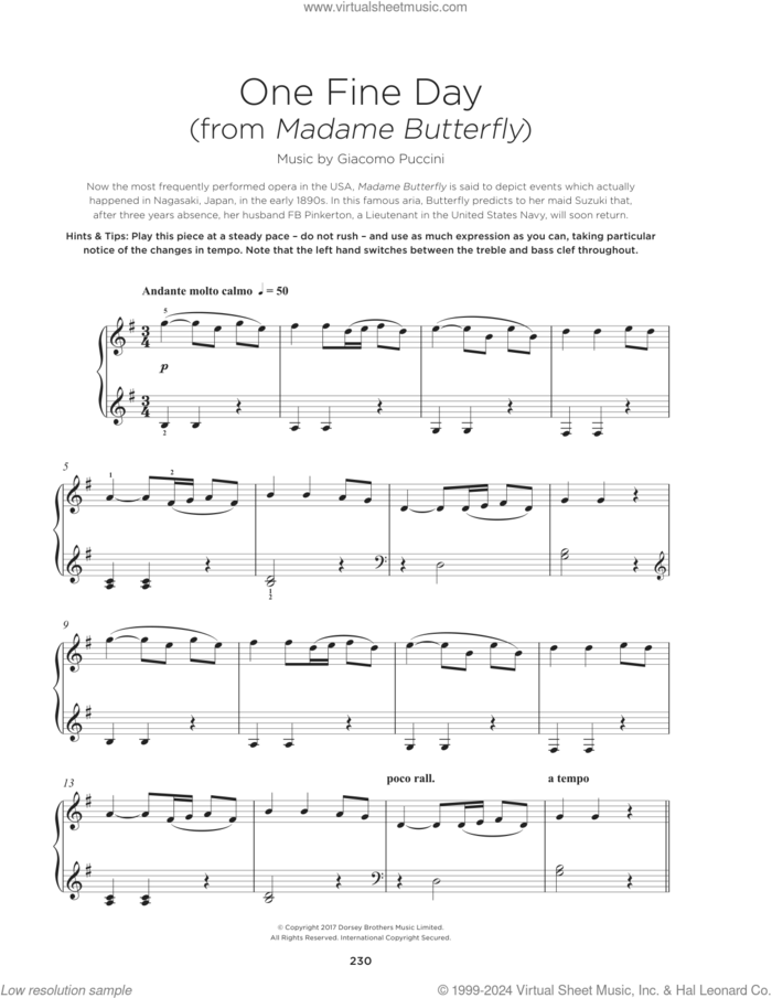 One Fine Day sheet music for piano solo by Giacomo Puccini, classical score, beginner skill level