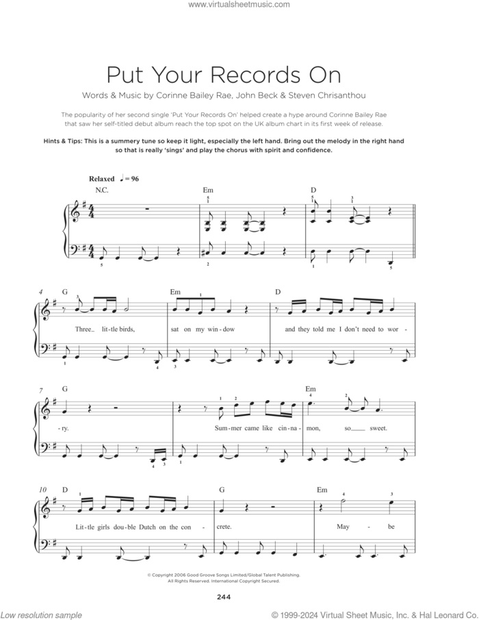 Put Your Records On, (beginner) sheet music for piano solo by Corinne Bailey Rae, John Beck and Steven Crisanthou, beginner skill level