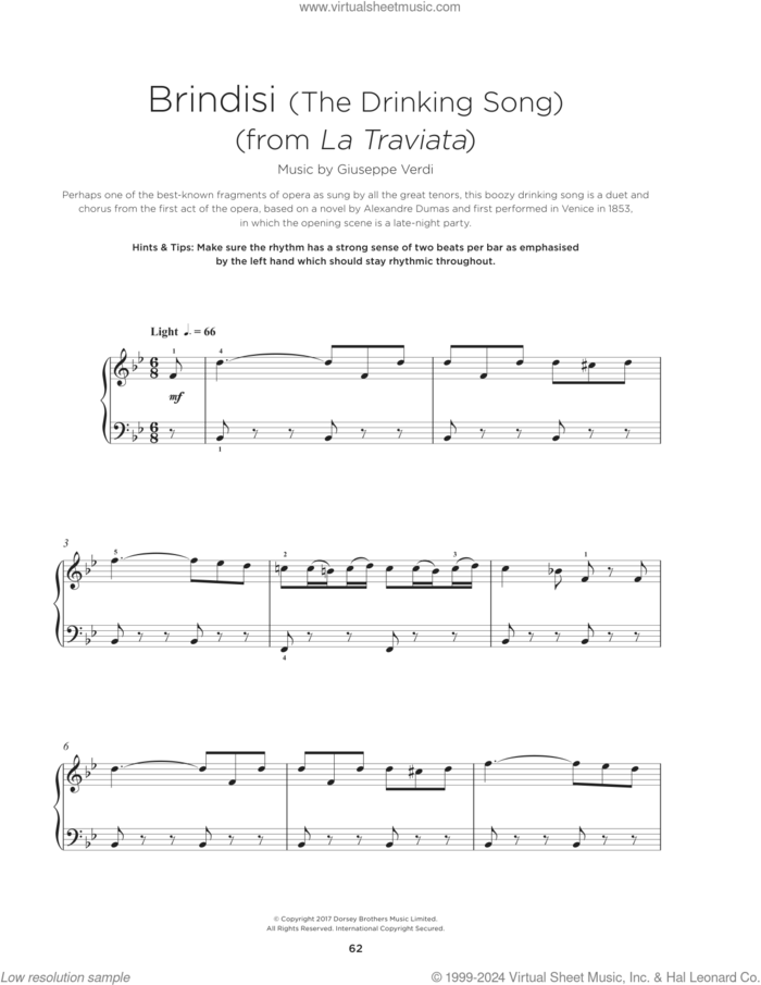 Libiamo (Brindisi), (beginner) sheet music for piano solo by Giuseppe Verdi, classical score, beginner skill level