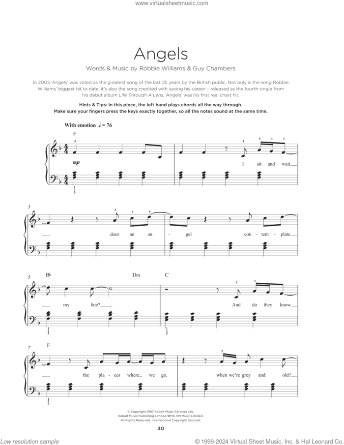 Angels, (beginner) sheet music for piano solo by Robbie Williams, Guy Chambers and Robert Peter Williams, beginner skill level
