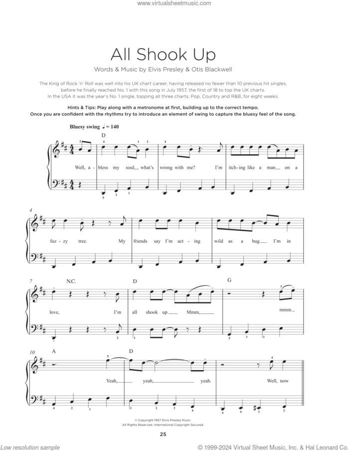 All Shook Up, (beginner) sheet music for piano solo by Elvis Presley and Otis Blackwell, beginner skill level