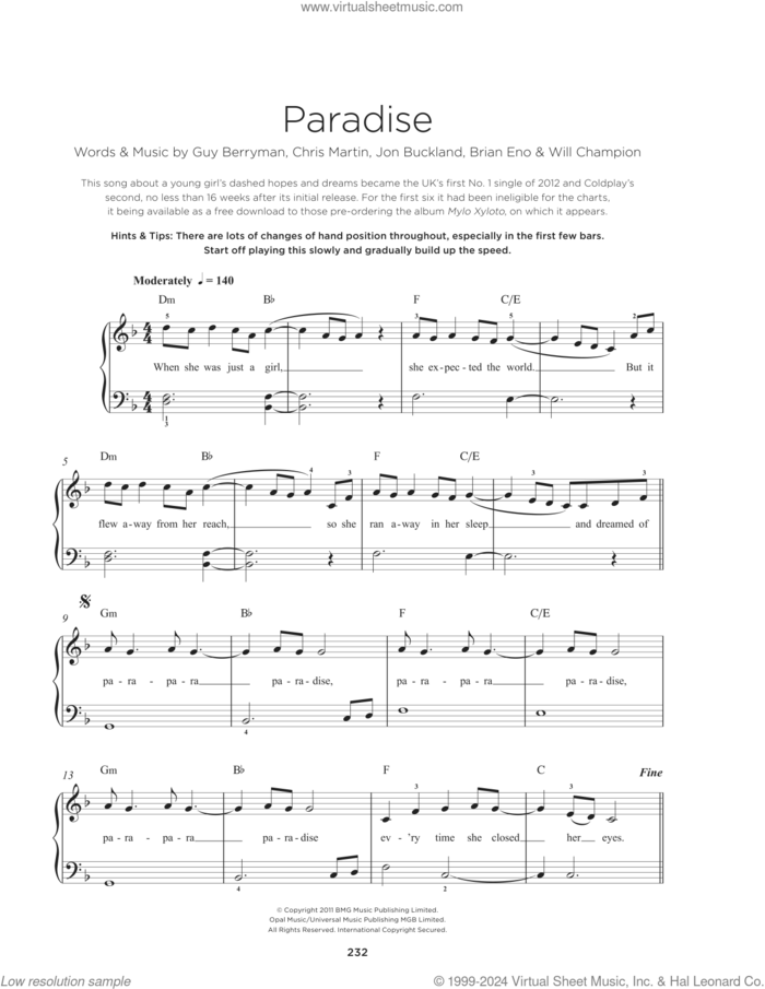 Paradise sheet music for piano solo by Coldplay, Brian Eno, Chris Martin, Guy Berryman, Jon Buckland and Will Champion, beginner skill level