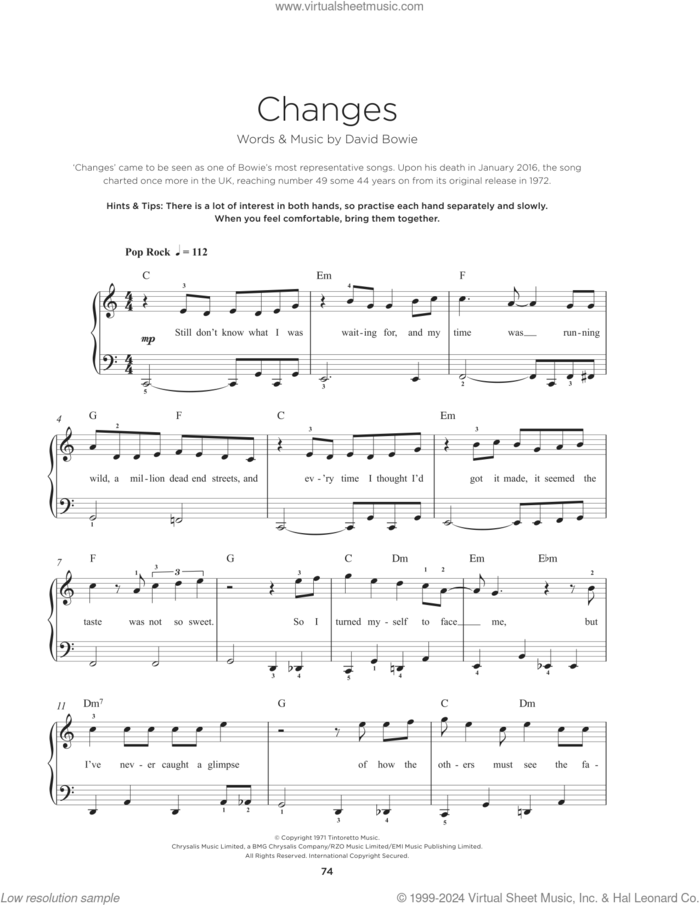 Changes sheet music for piano solo by David Bowie, beginner skill level
