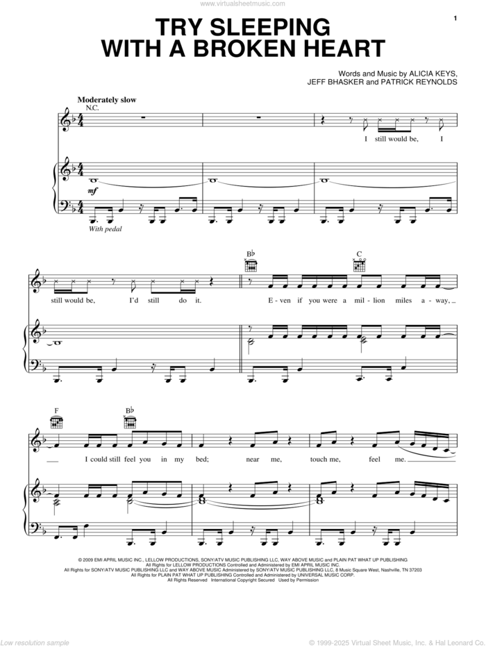 Try Sleeping With A Broken Heart sheet music for voice, piano or guitar by Alicia Keys, Jeff Bhasker and Patrick Reynolds, intermediate skill level