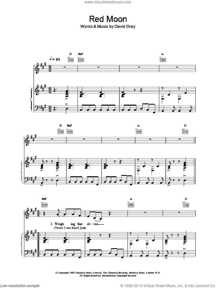 Red Moon sheet music for voice, piano or guitar by David Gray, intermediate skill level