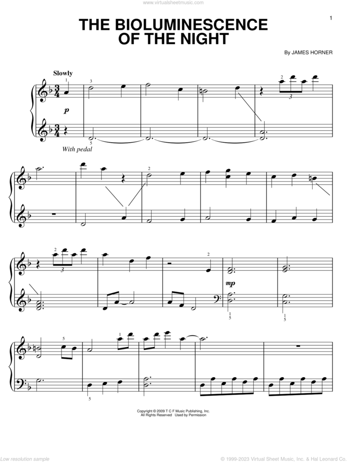 The Bioluminescence Of The Night, (easy) sheet music for piano solo by James Horner and Avatar (Movie), easy skill level