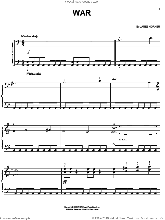 War sheet music for piano solo by James Horner and Avatar (Movie), easy skill level