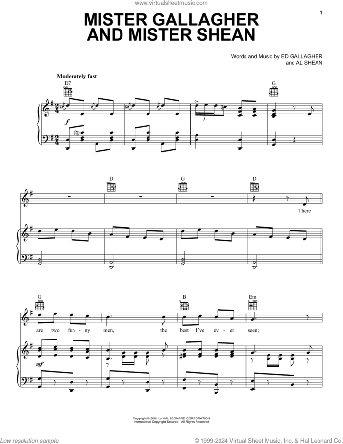 Mister Gallagher And Mister Shean sheet music for voice, piano or guitar by Ed Gallagher and Al Shean, Al Shean and Ed Gallagher, intermediate skill level