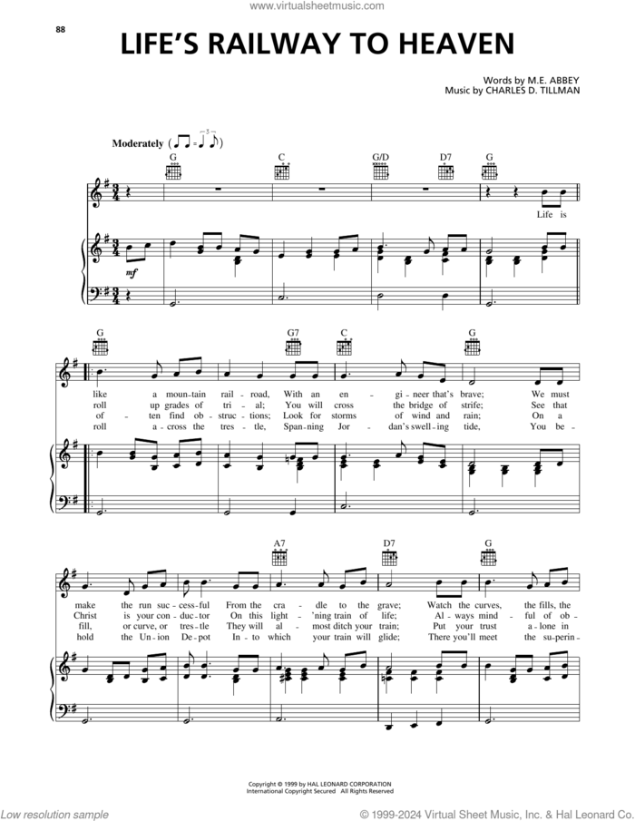 Life's Railway To Heaven sheet music for voice, piano or guitar by M.E. Abbey and Charles D. Tillman, intermediate skill level