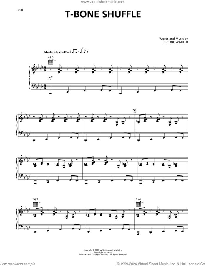T-Bone Shuffle sheet music for voice, piano or guitar by Aaron 'T-Bone' Walker, intermediate skill level