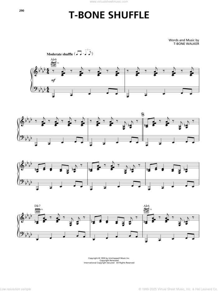 T-Bone Shuffle sheet music for voice, piano or guitar by Aaron 'T-Bone' Walker, intermediate skill level