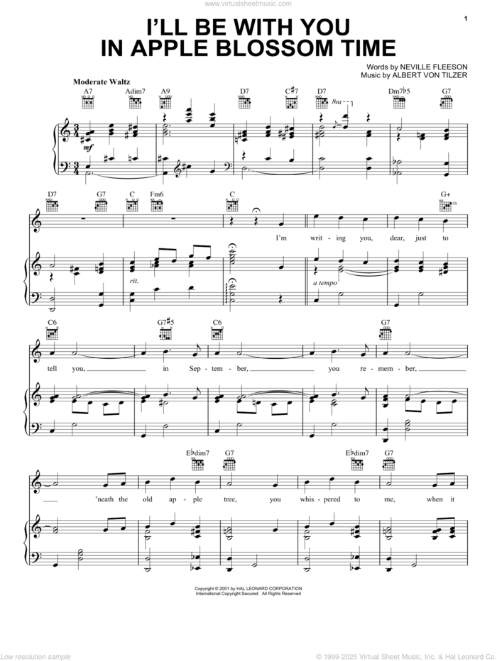 I'll Be With You In Apple Blossom Time sheet music for voice, piano or guitar by The Andrews Sisters, Albert von Tilzer and Neville Fleeson, intermediate skill level