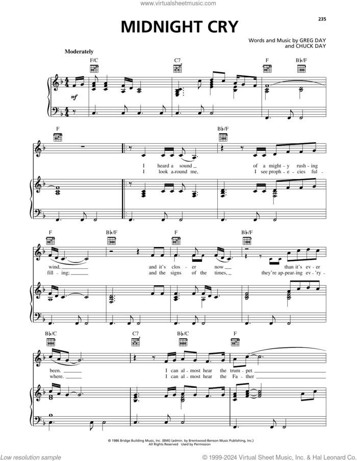 Midnight Cry sheet music for voice, piano or guitar by Chuck Day and Greg Day, intermediate skill level
