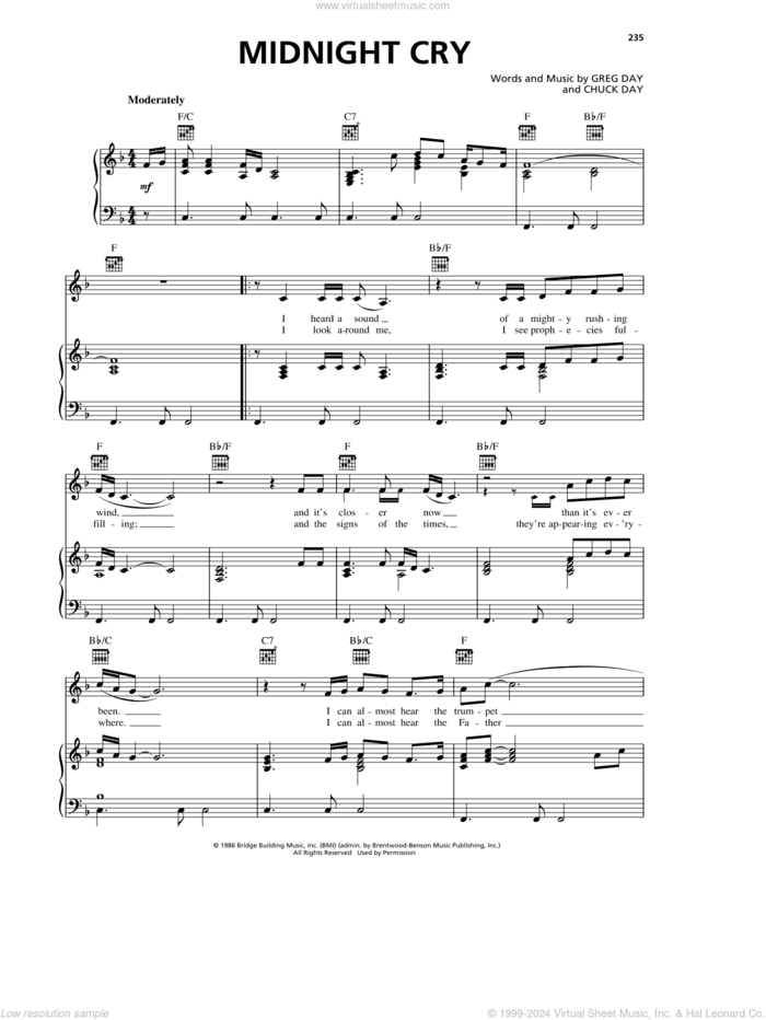 Midnight Cry sheet music for voice, piano or guitar by Chuck Day and Greg Day, intermediate skill level