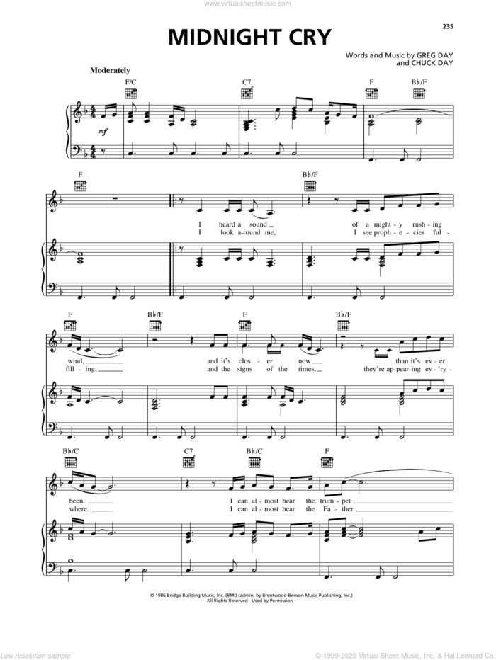 Midnight Cry sheet music for voice, piano or guitar by Chuck Day and Greg Day, intermediate skill level