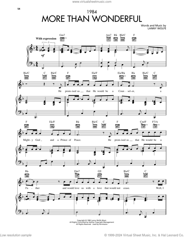 More Than Wonderful sheet music for voice, piano or guitar by Lanny Wolfe, intermediate skill level