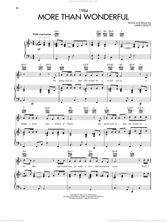 More Than Wonderful sheet music for voice, piano or guitar by Lanny Wolfe, intermediate skill level