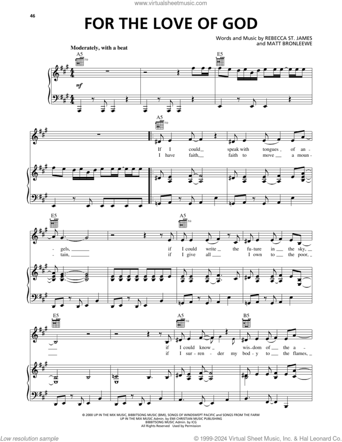 For The Love Of God sheet music for voice, piano or guitar by Rebecca St. James and Matt Bronleewe, intermediate skill level