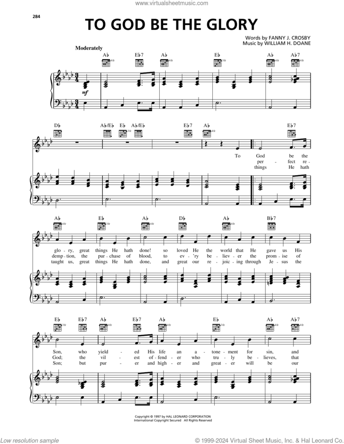 To God Be The Glory sheet music for voice, piano or guitar by Fanny J. Crosby and William H. Doane, intermediate skill level