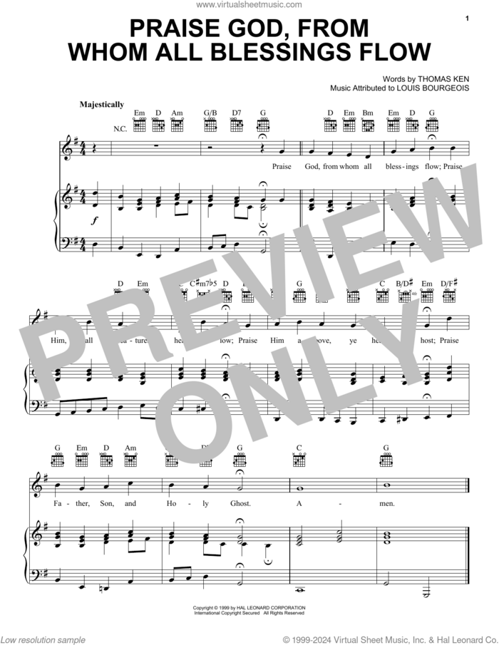 Praise God, From Whom All Blessings Flow sheet music for voice, piano or guitar by Thomas Ken and Louis Bourgeois, intermediate skill level