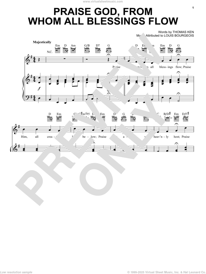 Praise God, From Whom All Blessings Flow sheet music for voice, piano or guitar by Thomas Ken and Louis Bourgeois, intermediate skill level