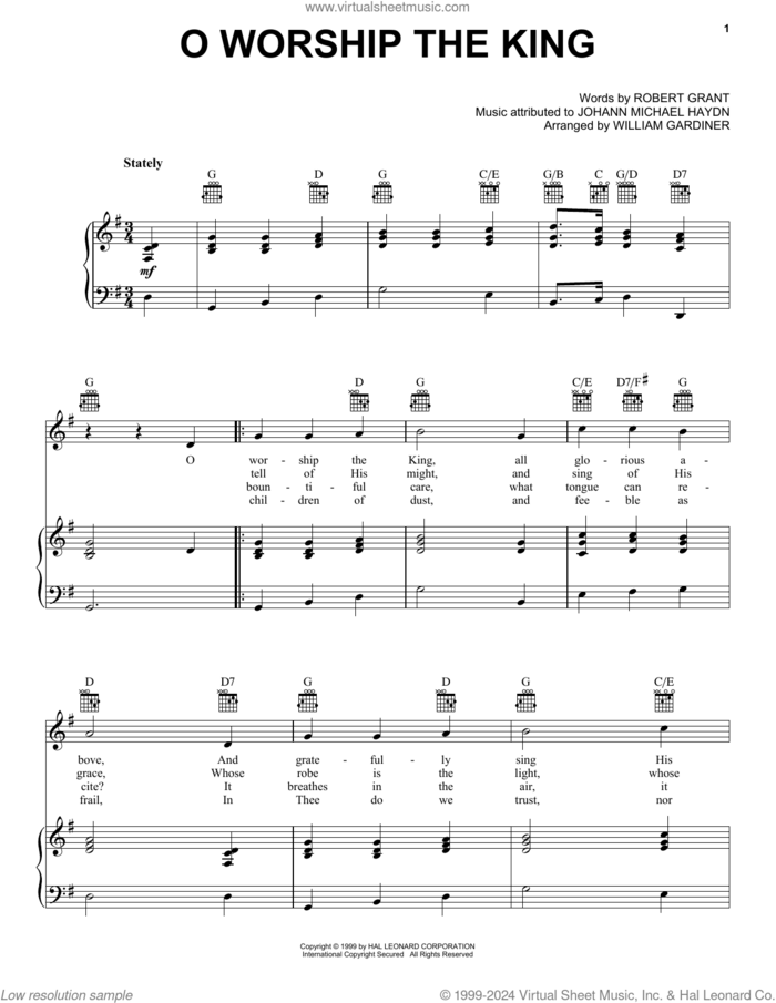 O Worship The King sheet music for voice, piano or guitar by Johann Michael Haydn, Robert Grant and William Gardiner, intermediate skill level