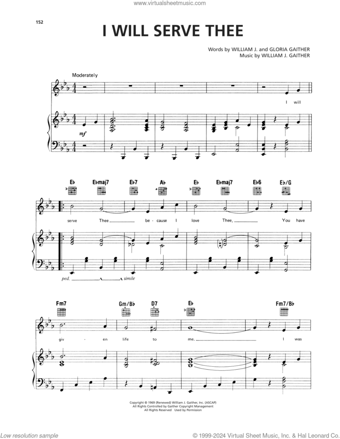 I Will Serve Thee sheet music for voice, piano or guitar by Gloria Gaither and William J. Gaither, intermediate skill level