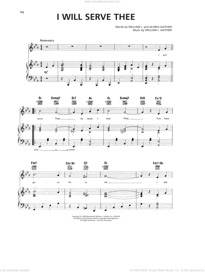 I Will Serve Thee sheet music for voice, piano or guitar by Gloria Gaither and William J. Gaither, intermediate skill level