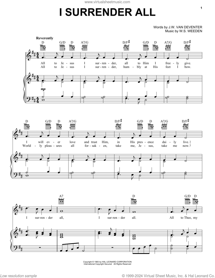 I Surrender All sheet music for voice, piano or guitar by Winfield S. Weeden and Judson W. Van De Venter, intermediate skill level