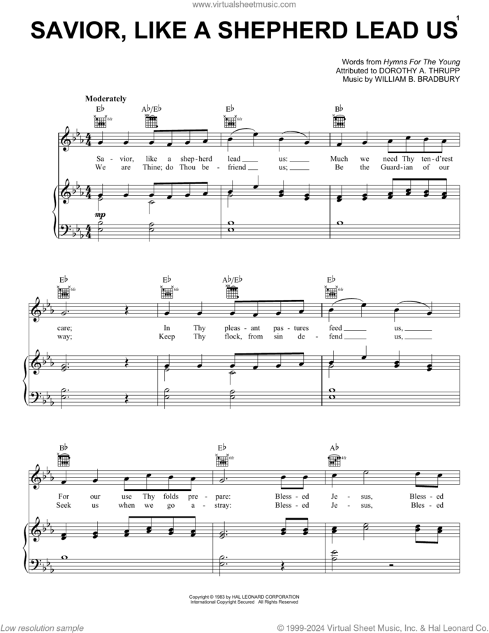 Savior, Like A Shepherd Lead Us sheet music for voice, piano or guitar by William B. Bradbury, Dorothy A. Thrupp and Hymns For The Young, intermediate skill level